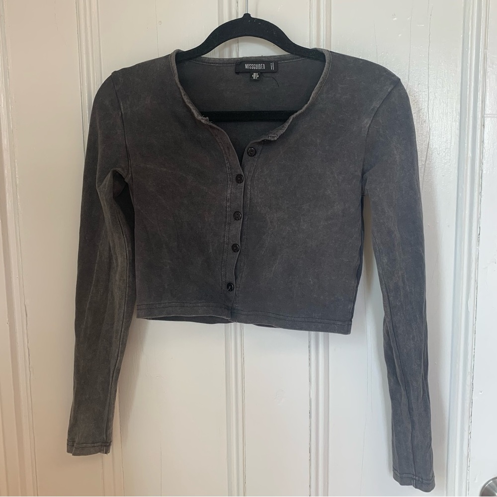 Missguided Mineral Wash Dark Gray Button Up Cropped Long Sleeve - Picture 5 of 16